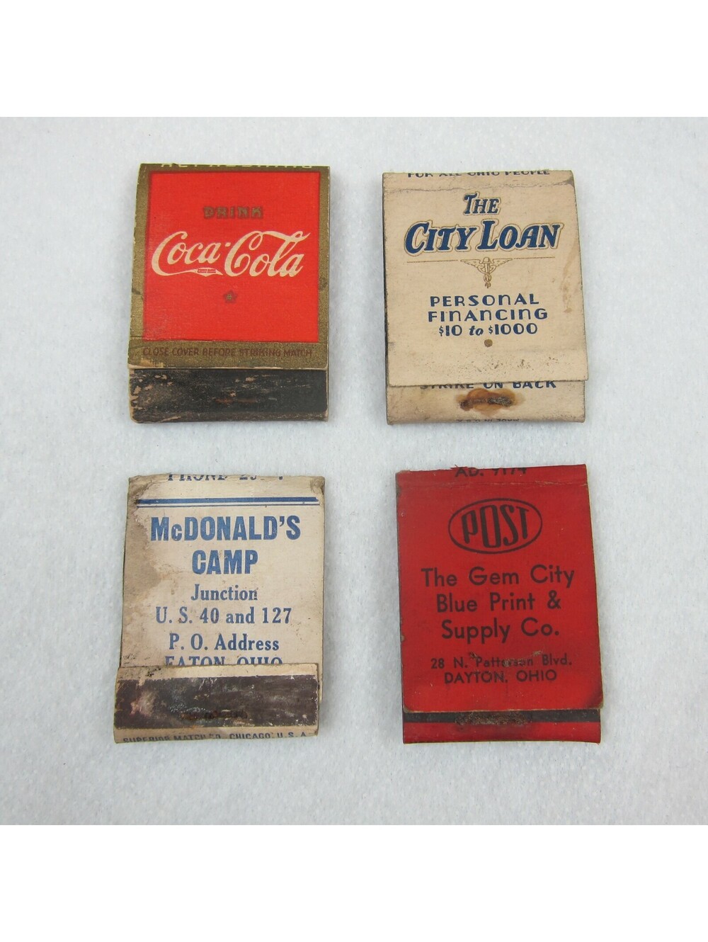 4 Vintage Matchbook Cover Coca Cola City Loan Gem City Blue Print McDonalds Camp